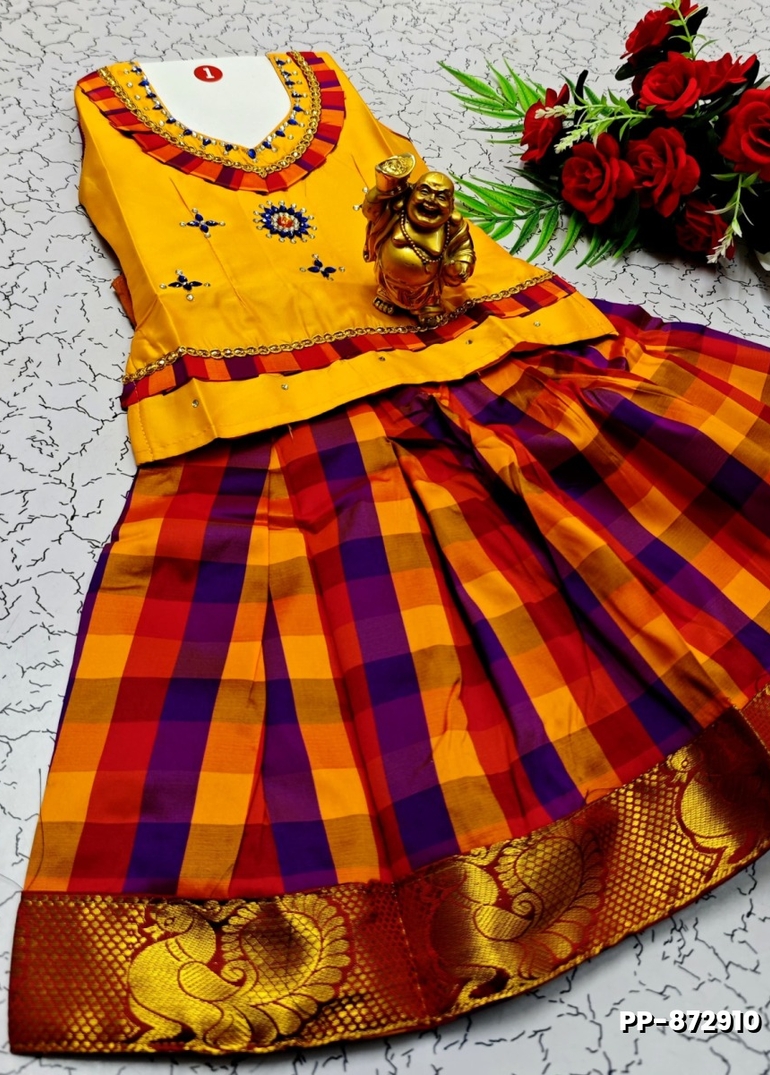 KIDS TRENDY WEAR PATTU PAVADAI SET - YELLOW (1)