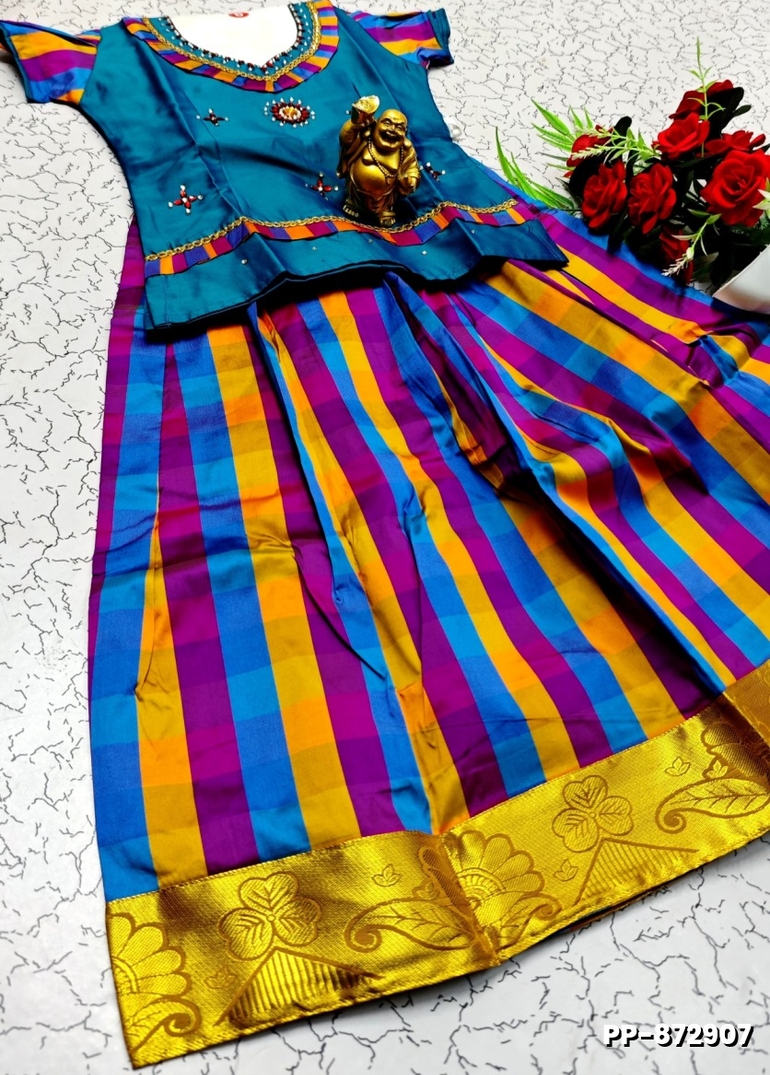 KIDS TRENDY WEAR PATTU PAVADAI SET - TEAL COLOUR (1)