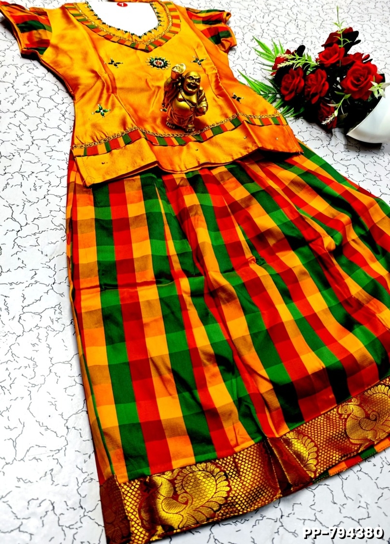 KIDS TRENDY WEAR PATTU PAVADAI SET - TANGERINE COLOUR (1)
