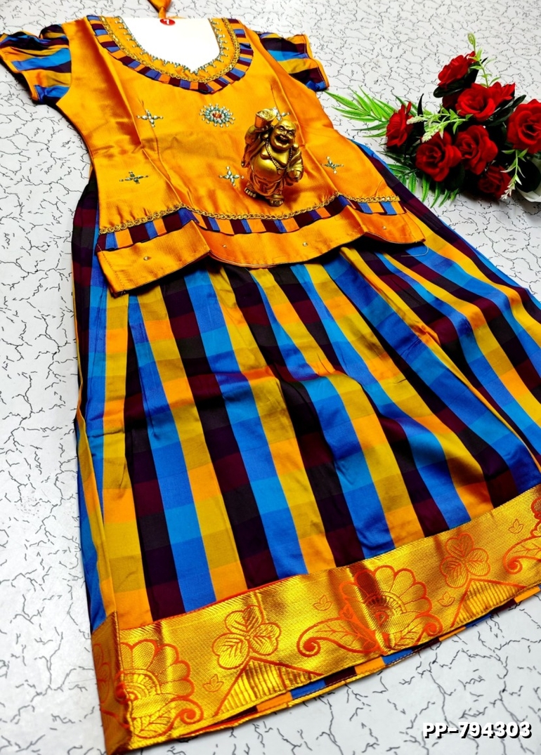 KIDS TRENDY WEAR PATTU PAVADAI SET - GOLD (1)