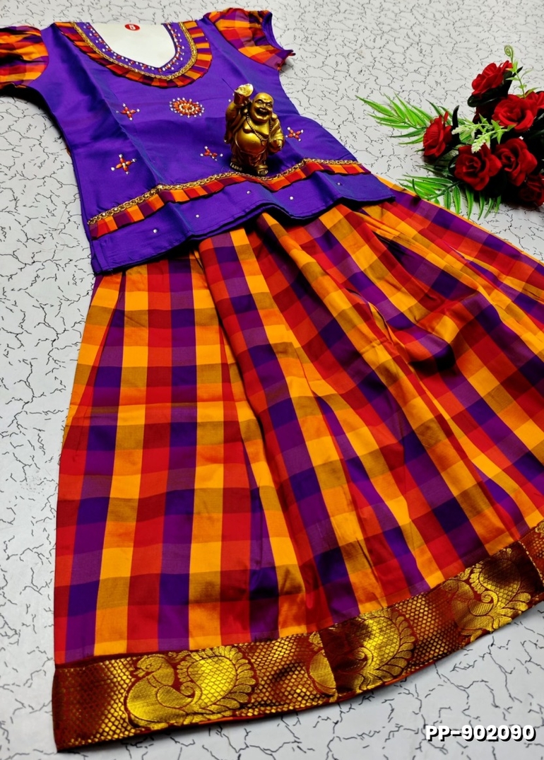 KIDS TRENDY WEAR PATTU PAVADAI SET - BRINJAL COLOUR