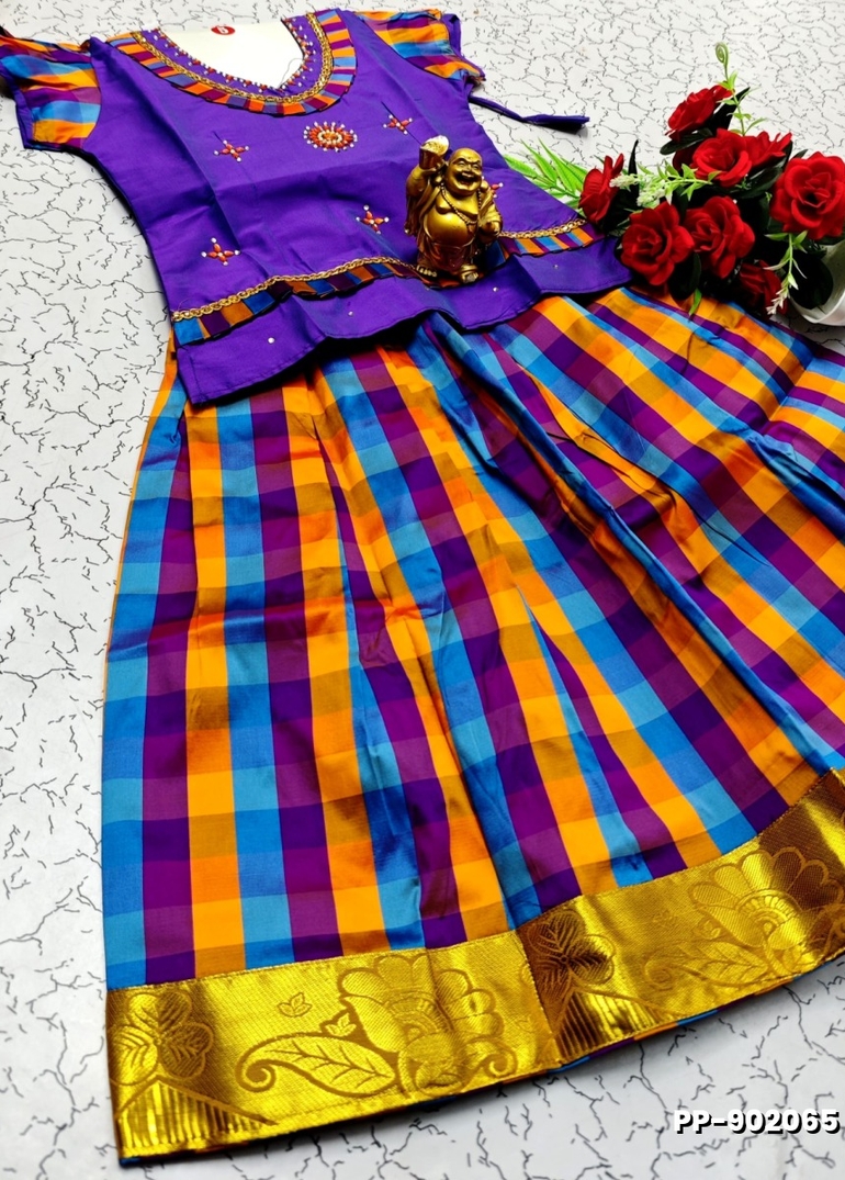 KIDS TRENDY WEAR PATTU PAVADAI SET - INDIGO COLOUR