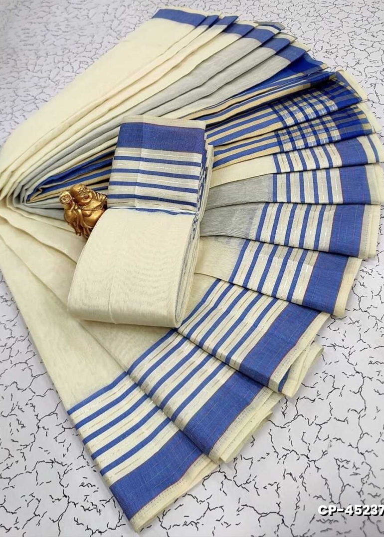 FANCY PLAIN COTTON SOFT SILK SAREES - IVORY COLOUR