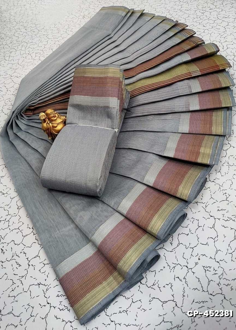 FANCY PLAIN COTTON SOFT SILK SAREES - METALLIC SILVAR