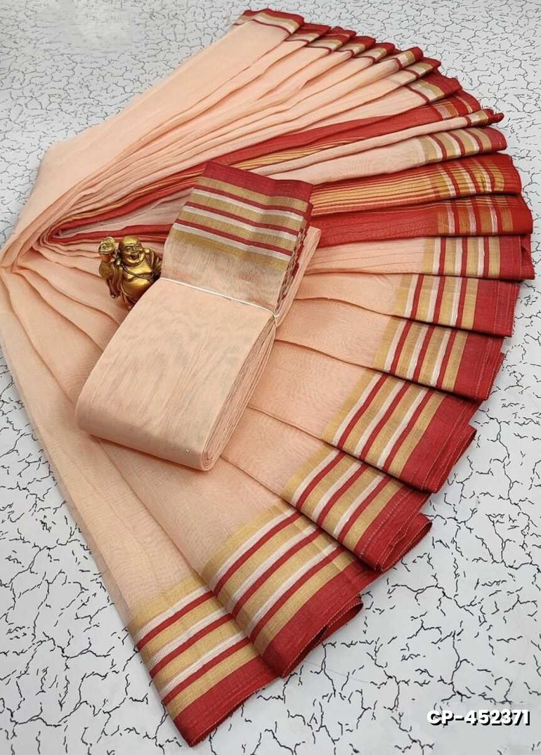 FANCY PLAIN COTTON SOFT SILK SAREES - PEACH COLOUR