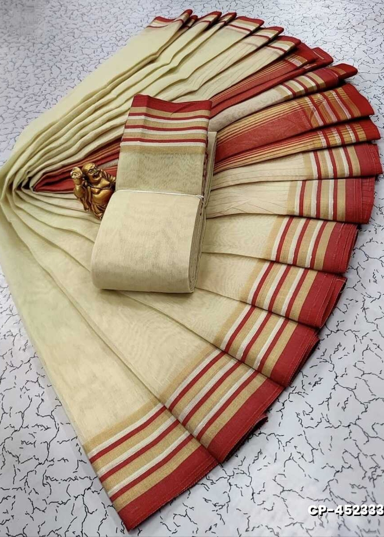 FANCY PLAIN COTTON SOFT SILK SAREES - CREAM
