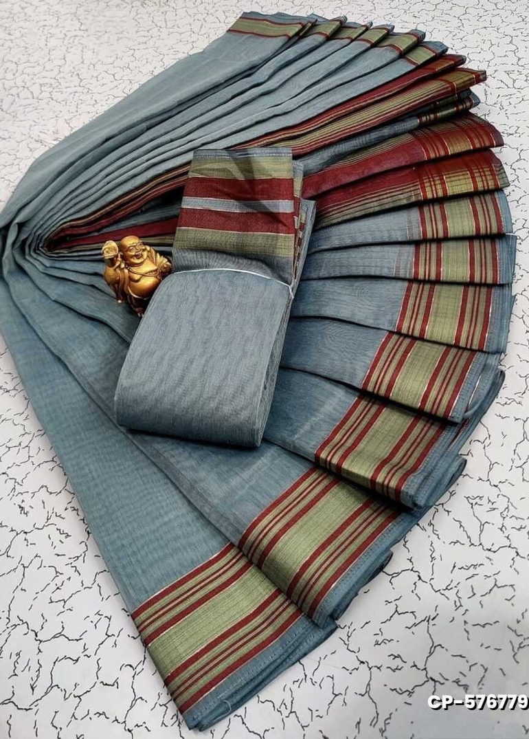 FANCY PLAIN COTTON SOFT SILK SAREES - SLATE COLOUR