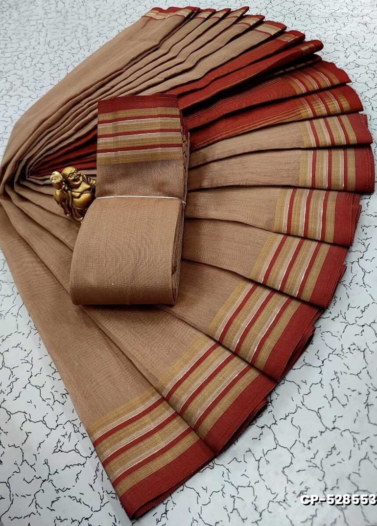 FANCY PLAIN COTTON SOFT SILK SAREES - BROWN