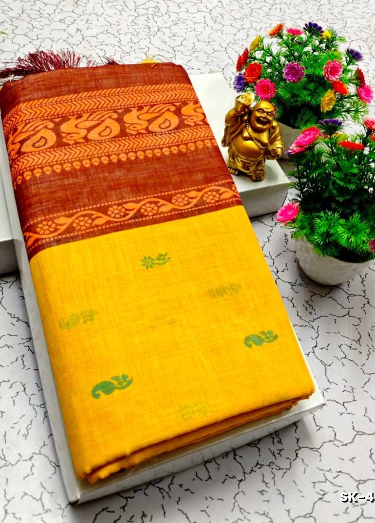 DIGITAL PRINTING KALIYANI LINEN COTTON SAREES - GOLD COLOUR
