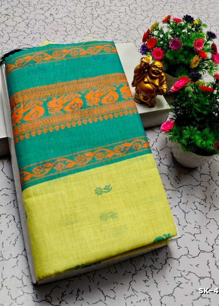 DIGITAL PRINTING KALIYANI LINEN COTTON SAREES - FLORAISON GREEN