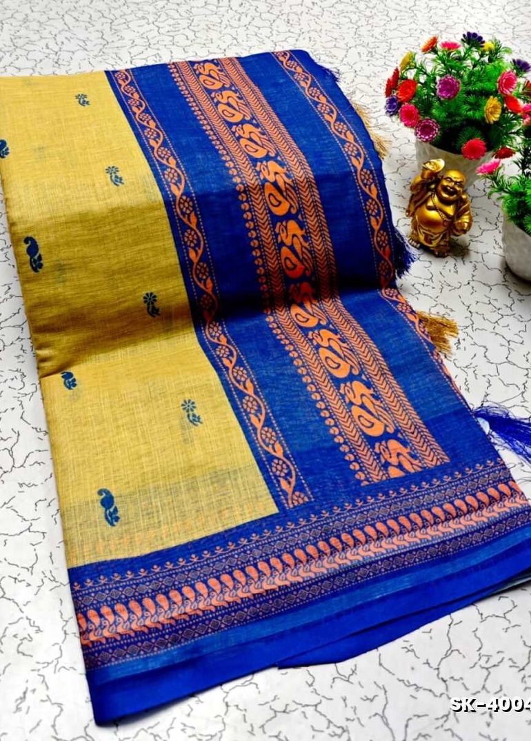 DIGITAL PRINTING KALIYANI LINEN COTTON SAREES - LEMON COLOUR