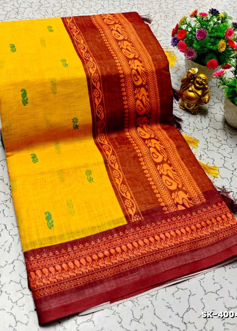 DIGITAL PRINTING KALIYANI LINEN COTTON SAREES - GOLD COLOUR