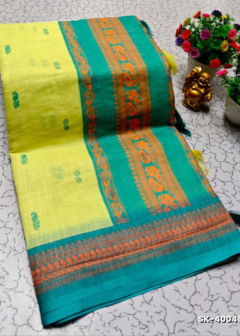 DIGITAL PRINTING KALIYANI LINEN COTTON SAREES - FLORAISON GREEN