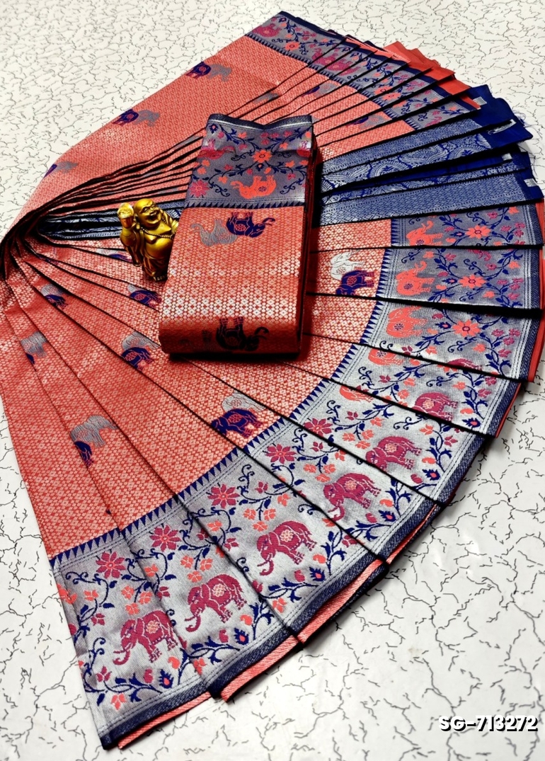 KUBERA ELITE BRIDAL RAPIER FANCY LIGHT WEIGHT SILK TYPE SAREES FUNCTION WEAR - CORAL COLOUR