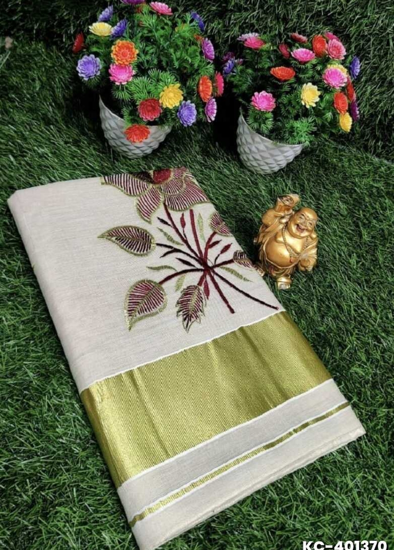 TRENDING KERALA SPECIAL FULL WORK EMBOSSED DIGITAL PRINTING TISSUE SAREE COLLECTIONS - IVORY COLOUR