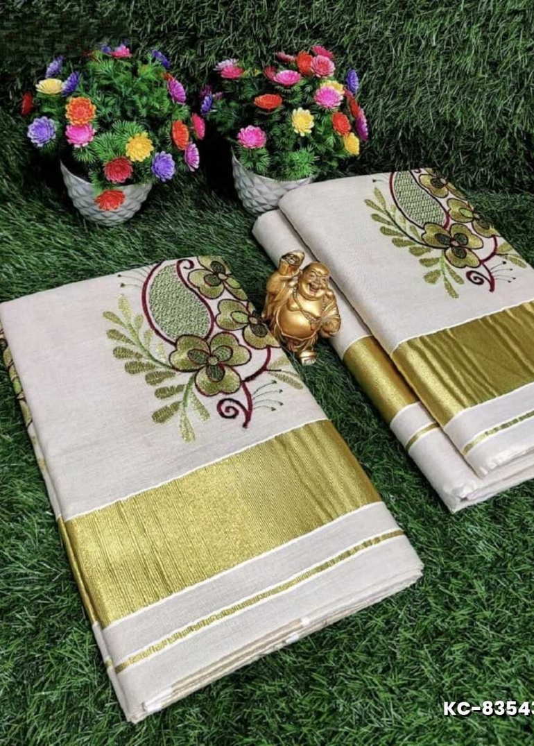 TRENDING KERALA SPECIAL FULL WORK EMBOSSED DIGITAL PRINTING TISSUE SAREE COLLECTIONS - CREAM (6)