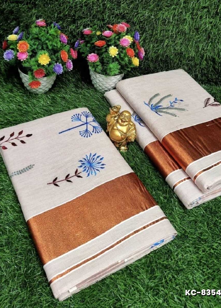 TRENDING KERALA SPECIAL FULL WORK EMBOSSED DIGITAL PRINTING TISSUE SAREE COLLECTIONS - WHITE (14)