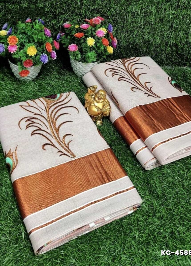 TRENDING KERALA SPECIAL FULL WORK EMBOSSED DIGITAL PRINTING TISSUE SAREE COLLECTIONS - BEIGE COLOUR (2)