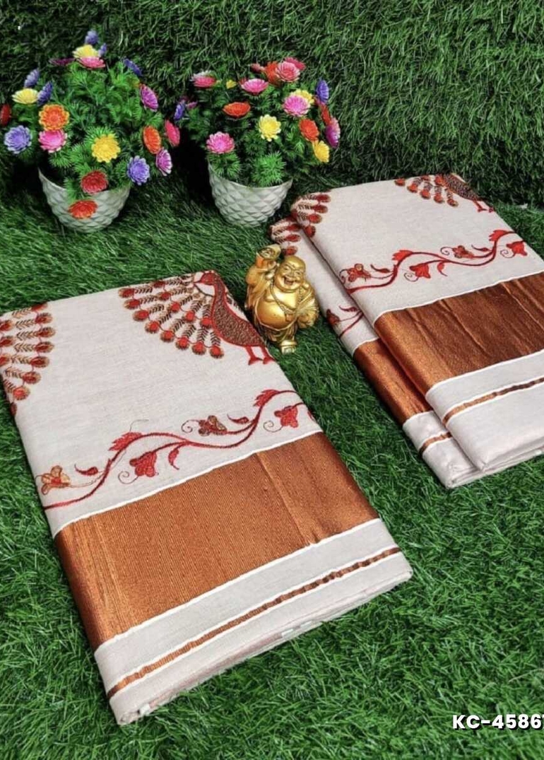TRENDING KERALA SPECIAL FULL WORK EMBOSSED DIGITAL PRINTING TISSUE SAREE COLLECTIONS - IVORY COLOUR (1)