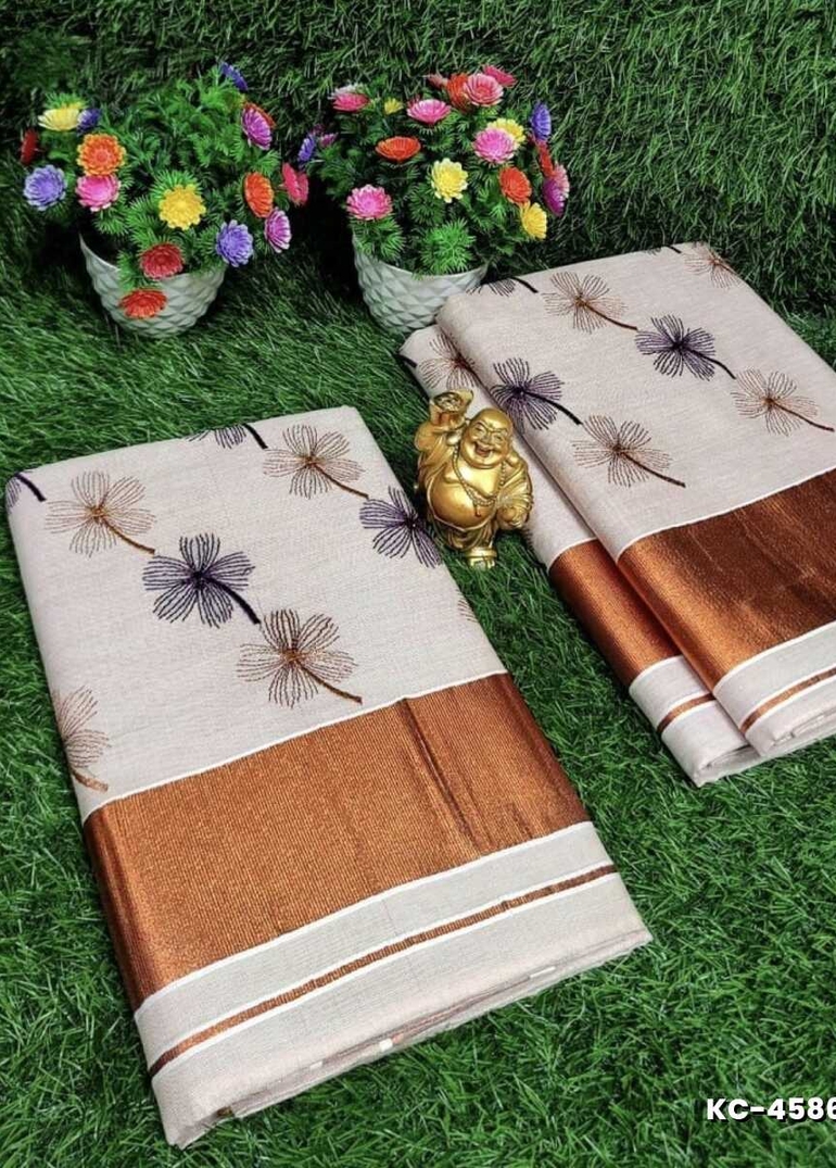 TRENDING KERALA SPECIAL FULL WORK EMBOSSED DIGITAL PRINTING TISSUE SAREE COLLECTIONS - CREAM (7)