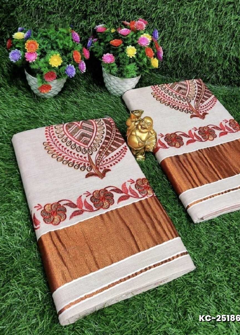TRENDING KERALA SPECIAL FULL WORK EMBOSSED DIGITAL PRINTING TISSUE SAREE COLLECTIONS - BEIGE COLOUR (3)