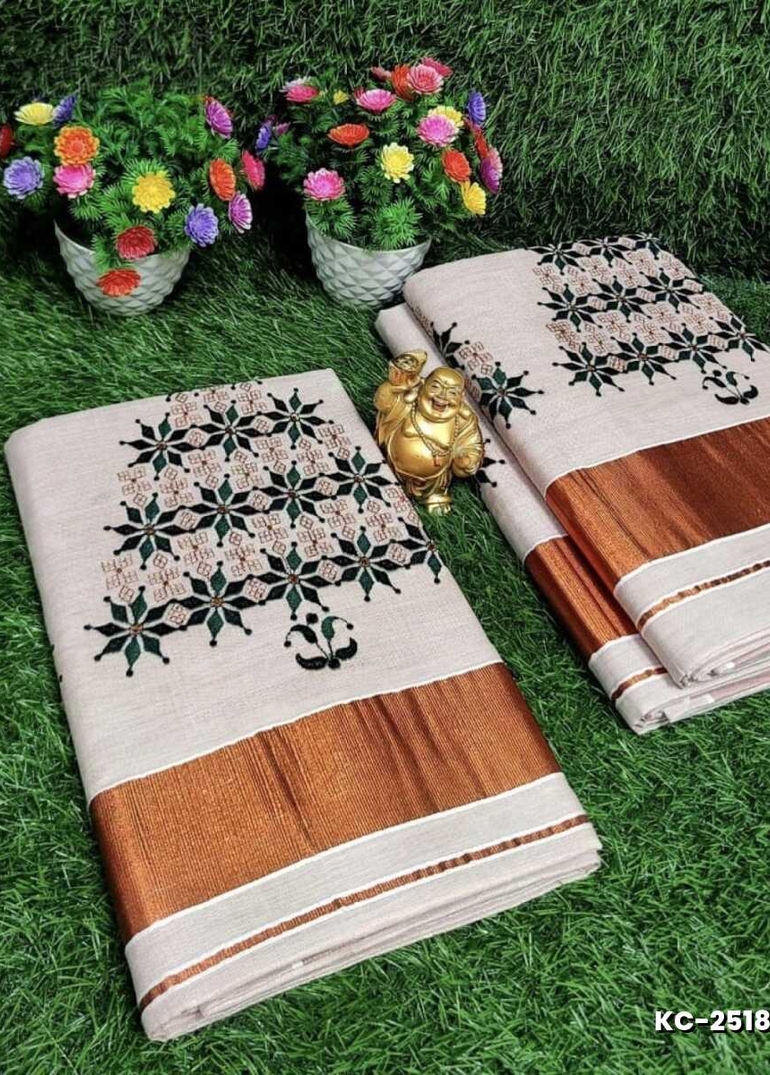 TRENDING KERALA SPECIAL FULL WORK EMBOSSED DIGITAL PRINTING TISSUE SAREE COLLECTIONS - CREAM (8)