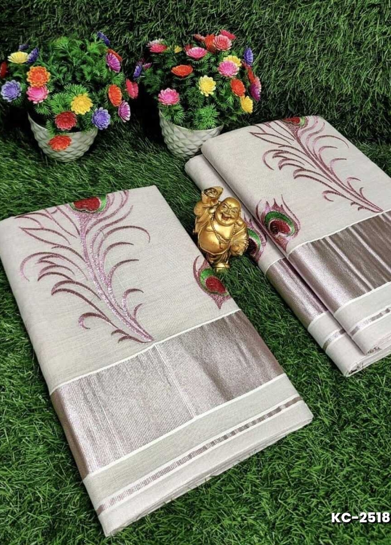 TRENDING KERALA SPECIAL FULL WORK EMBOSSED DIGITAL PRINTING TISSUE SAREE COLLECTIONS - WHITE (16)
