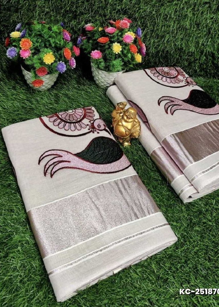 TRENDING KERALA SPECIAL FULL WORK EMBOSSED DIGITAL PRINTING TISSUE SAREE COLLECTIONS - IVORY COLOUR (2)