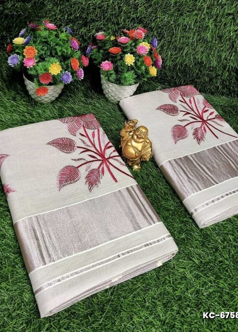 TRENDING KERALA SPECIAL FULL WORK EMBOSSED DIGITAL PRINTING TISSUE SAREE COLLECTIONS - BEIGE COLOUR (4)