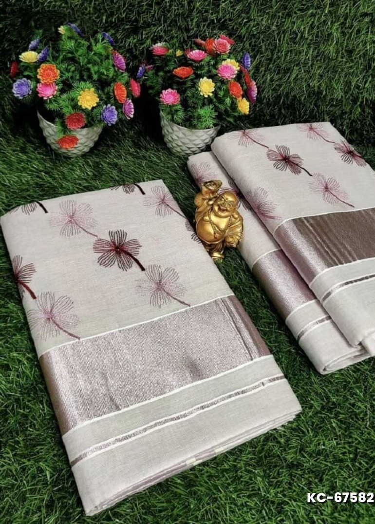TRENDING KERALA SPECIAL FULL WORK EMBOSSED DIGITAL PRINTING TISSUE SAREE COLLECTIONS - WHITE (17)