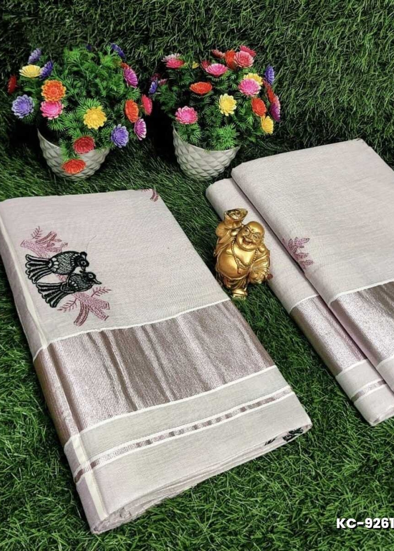 TRENDING KERALA SPECIAL FULL WORK EMBOSSED DIGITAL PRINTING TISSUE SAREE COLLECTIONS - IVORY COLOUR (4)