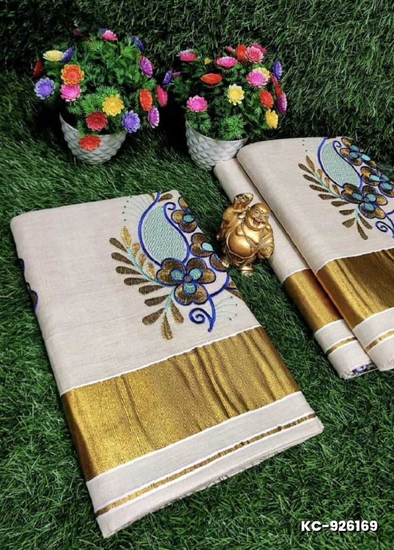 TRENDING KERALA SPECIAL FULL WORK EMBOSSED DIGITAL PRINTING TISSUE SAREE COLLECTIONS - BEIGE COLOUR (5)