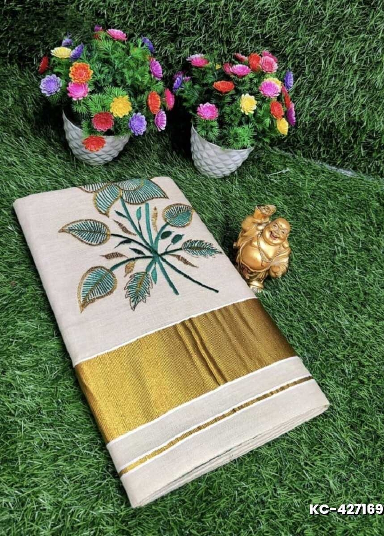 TRENDING KERALA SPECIAL FULL WORK EMBOSSED DIGITAL PRINTING TISSUE SAREE COLLECTIONS - BEIGE COLOUR (6)