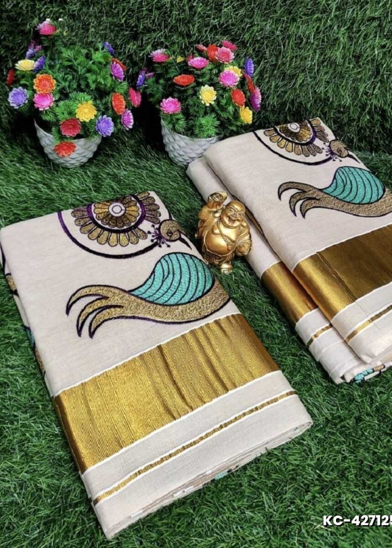 TRENDING KERALA SPECIAL FULL WORK EMBOSSED DIGITAL PRINTING TISSUE SAREE COLLECTIONS - WHITE (19)