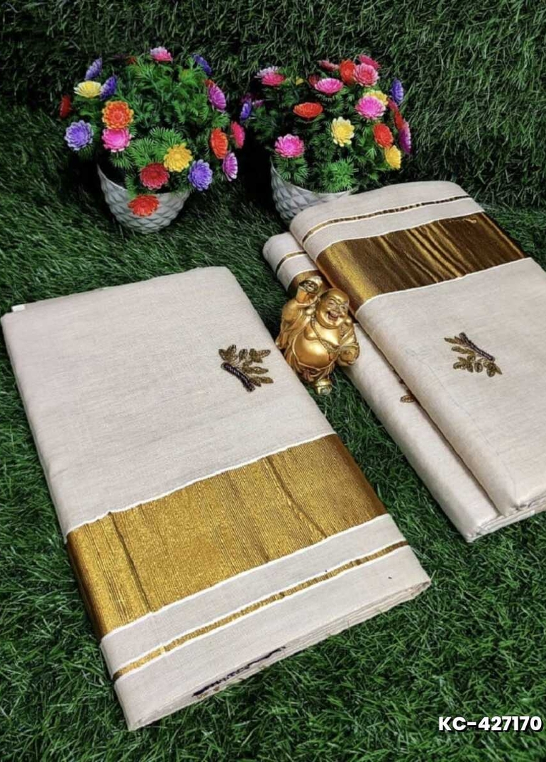 TRENDING KERALA SPECIAL FULL WORK EMBOSSED DIGITAL PRINTING TISSUE SAREE COLLECTIONS - IVORY COLOUR (5)
