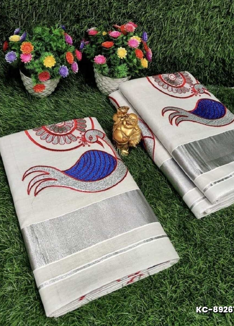 TRENDING KERALA SPECIAL FULL WORK EMBOSSED DIGITAL PRINTING TISSUE SAREE COLLECTIONS - IVORY COLOUR (6)