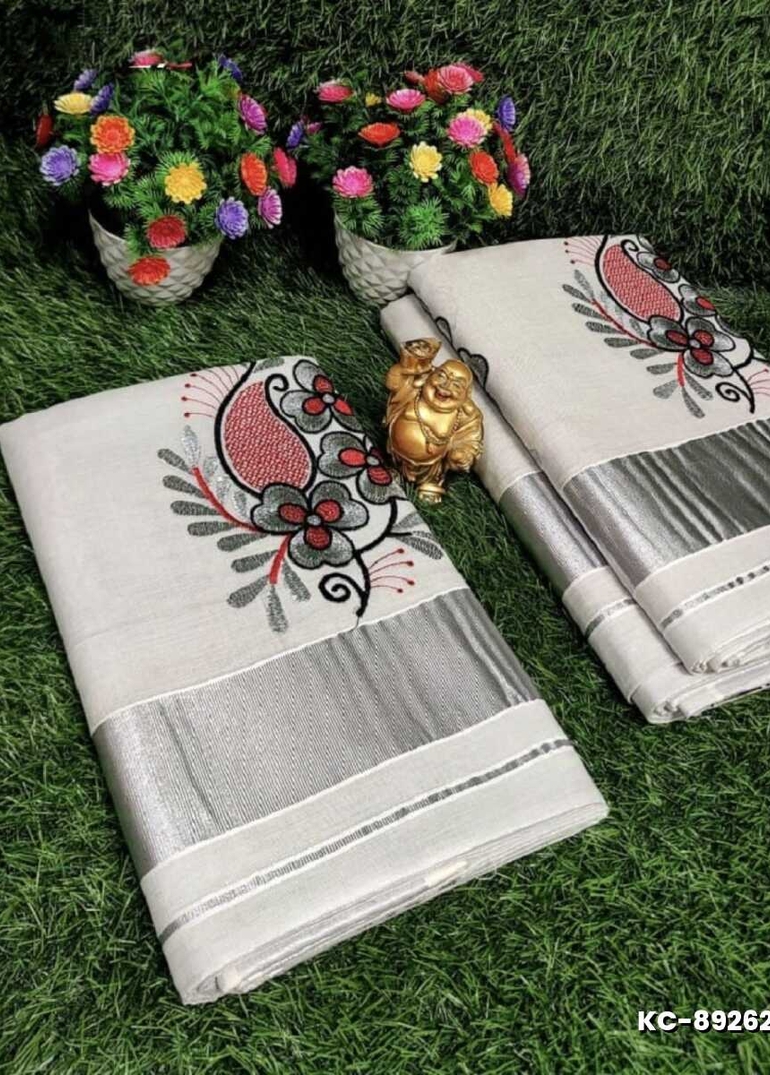 TRENDING KERALA SPECIAL FULL WORK EMBOSSED DIGITAL PRINTING TISSUE SAREE COLLECTIONS - WHITE (20)