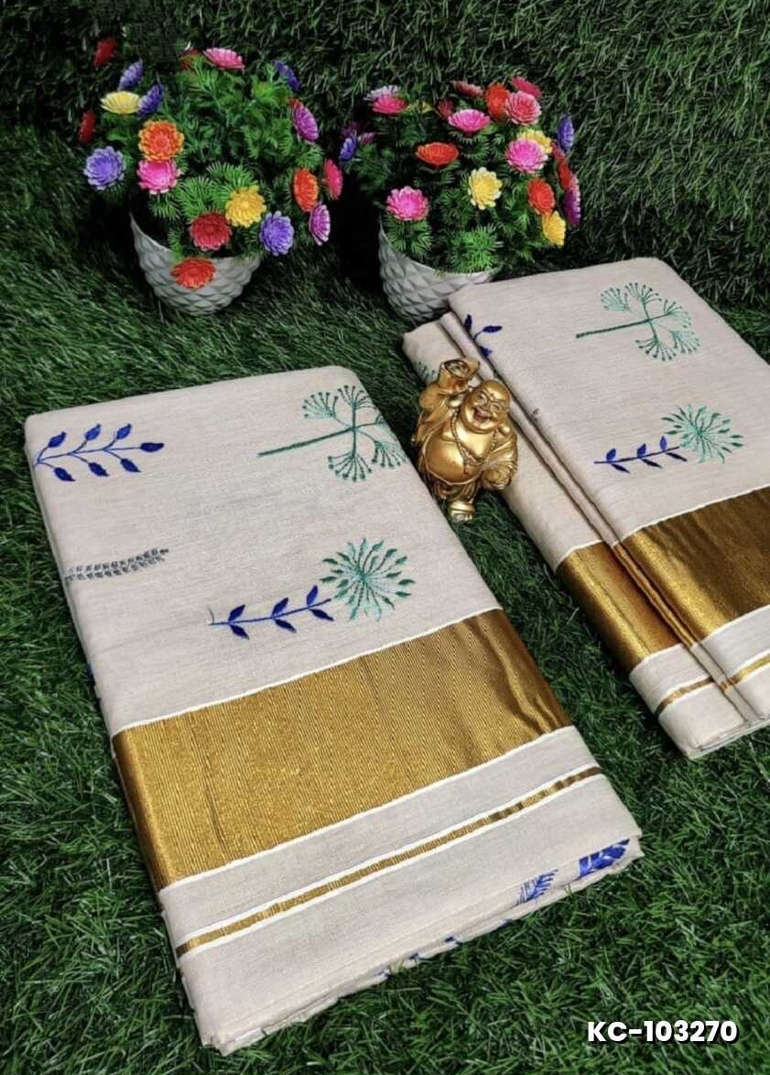 TRENDING KERALA SPECIAL FULL WORK EMBOSSED DIGITAL PRINTING TISSUE SAREE COLLECTIONS - IVORY COLOUR (7)