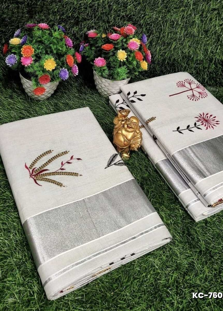 TRENDING KERALA SPECIAL FULL WORK EMBOSSED DIGITAL PRINTING TISSUE SAREE COLLECTIONS - BEIGE COLOUR (9)