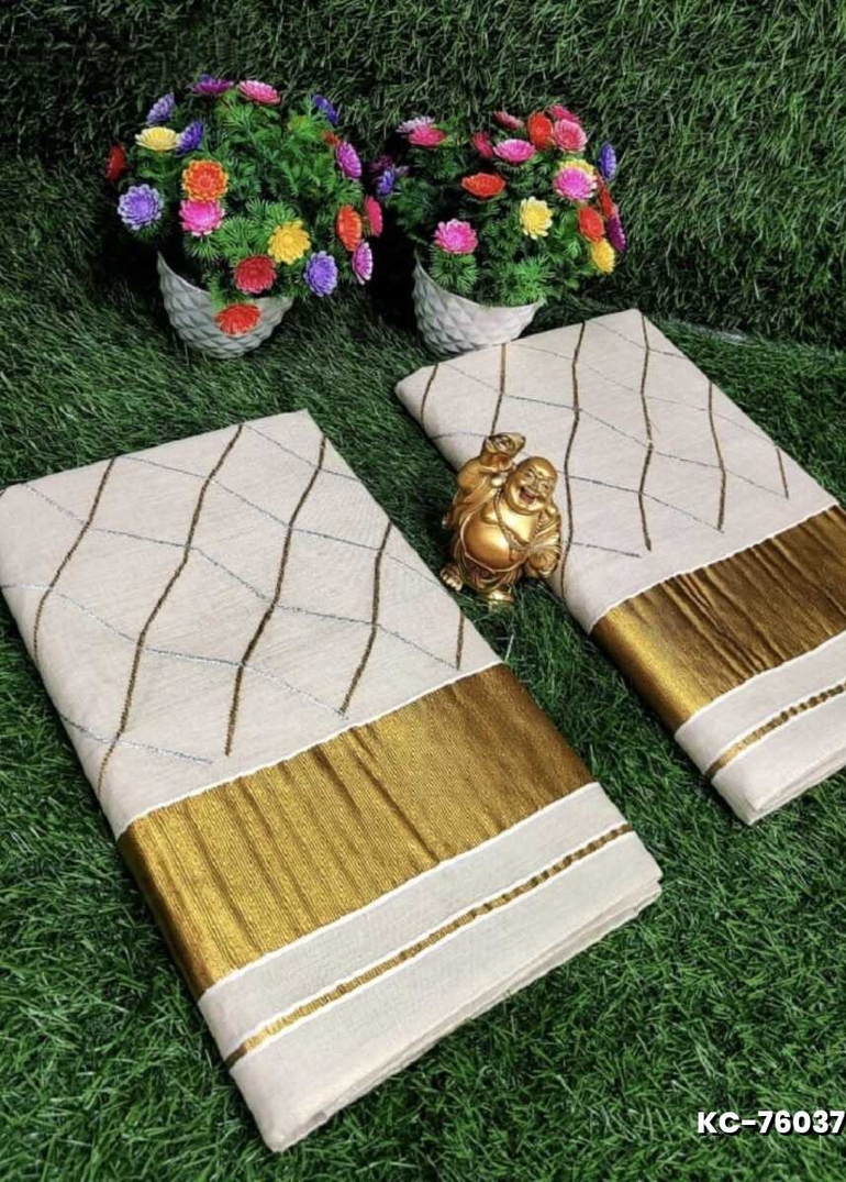 TRENDING KERALA SPECIAL FULL WORK EMBOSSED DIGITAL PRINTING TISSUE SAREE COLLECTIONS - IVORY COLOUR (8)