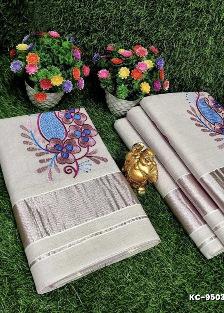 TRENDING KERALA SPECIAL FULL WORK EMBOSSED DIGITAL PRINTING TISSUE SAREE COLLECTIONS - BEIGE COLOUR (10)