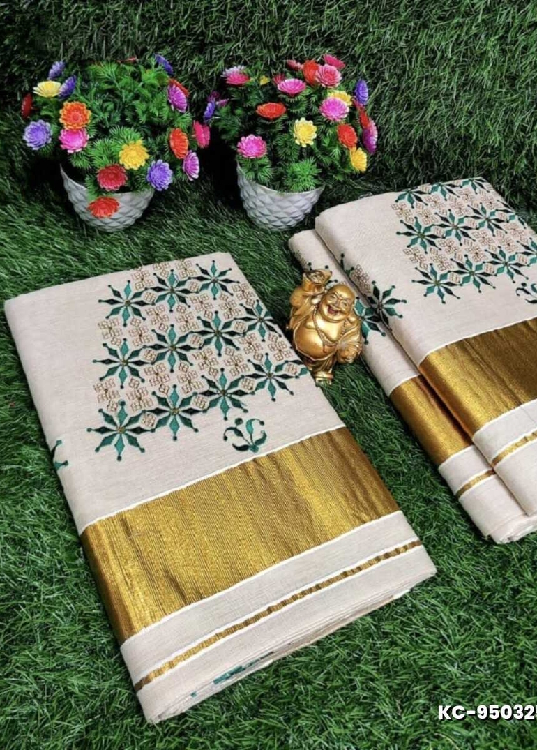 TRENDING KERALA SPECIAL FULL WORK EMBOSSED DIGITAL PRINTING TISSUE SAREE COLLECTIONS - WHITE (23)