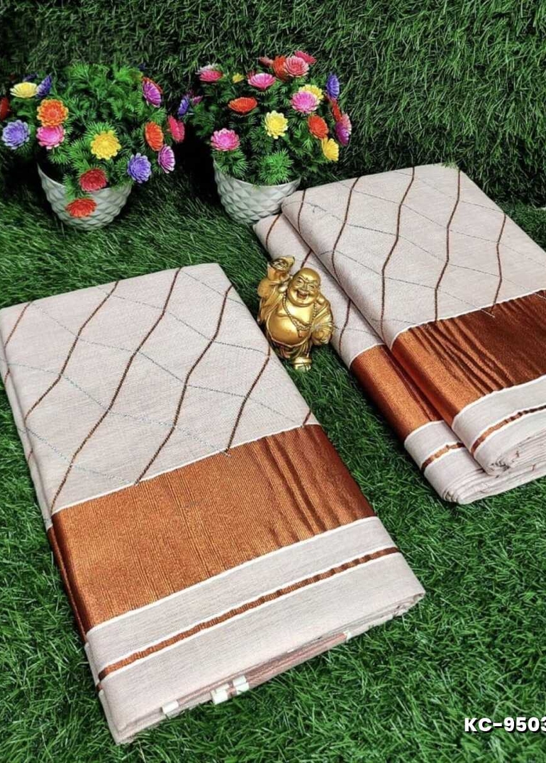 TRENDING KERALA SPECIAL FULL WORK EMBOSSED DIGITAL PRINTING TISSUE SAREE COLLECTIONS - IVORY COLOUR (9)