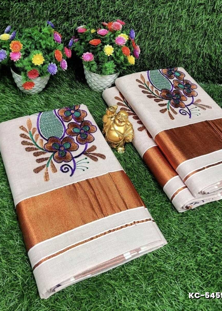TRENDING KERALA SPECIAL FULL WORK EMBOSSED DIGITAL PRINTING TISSUE SAREE COLLECTIONS - BEIGE COLOUR (11)
