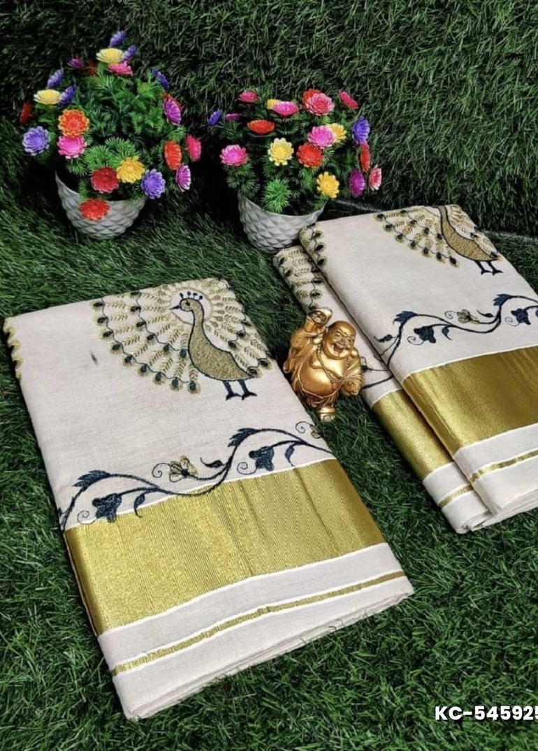 TRENDING KERALA SPECIAL FULL WORK EMBOSSED DIGITAL PRINTING TISSUE SAREE COLLECTIONS - WHITE (24)