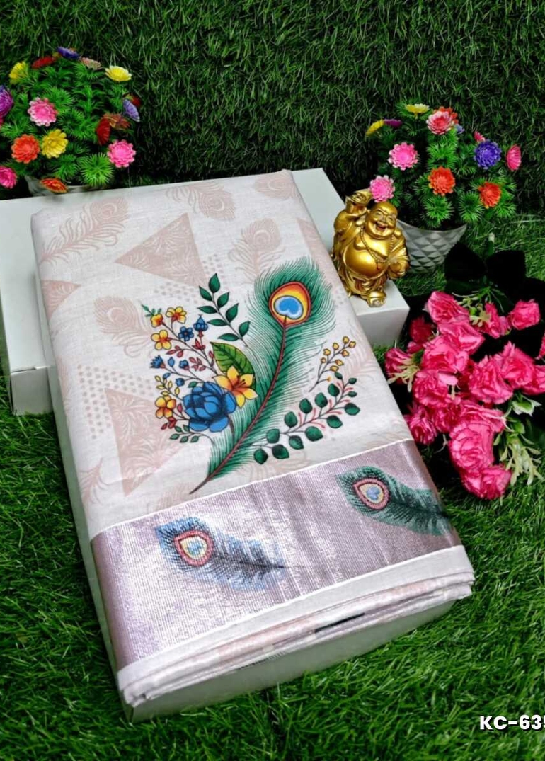 TRENDING KERALA SPECIAL FULL WORK EMBOSSED DIGITAL PRINTING TISSUE SAREE COLLECTIONS - IVORY COLOUR (11)