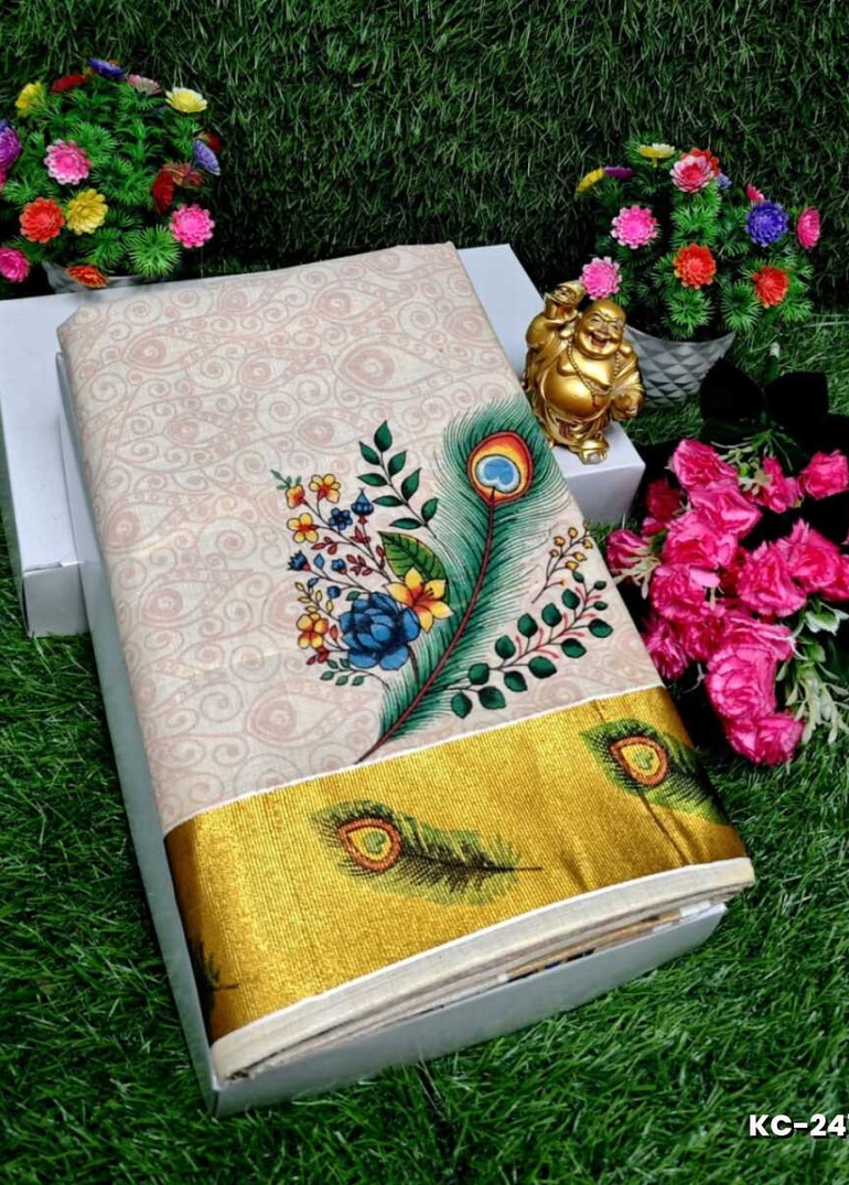 TRENDING KERALA SPECIAL FULL WORK EMBOSSED DIGITAL PRINTING TISSUE SAREE COLLECTIONS - BEIGE COLOUR (13)