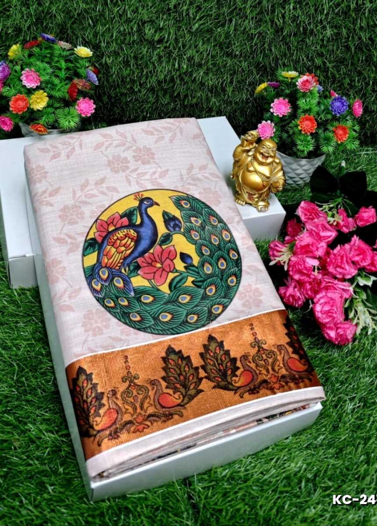 TRENDING KERALA SPECIAL FULL WORK EMBOSSED DIGITAL PRINTING TISSUE SAREE COLLECTIONS - WHITE (26)