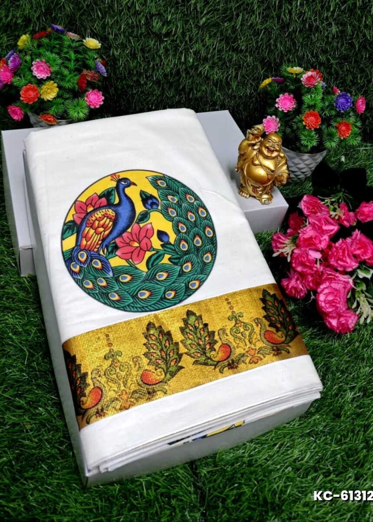 TRENDING KERALA SPECIAL FULL WORK EMBOSSED DIGITAL PRINTING TISSUE SAREE COLLECTIONS - WHITE (28)