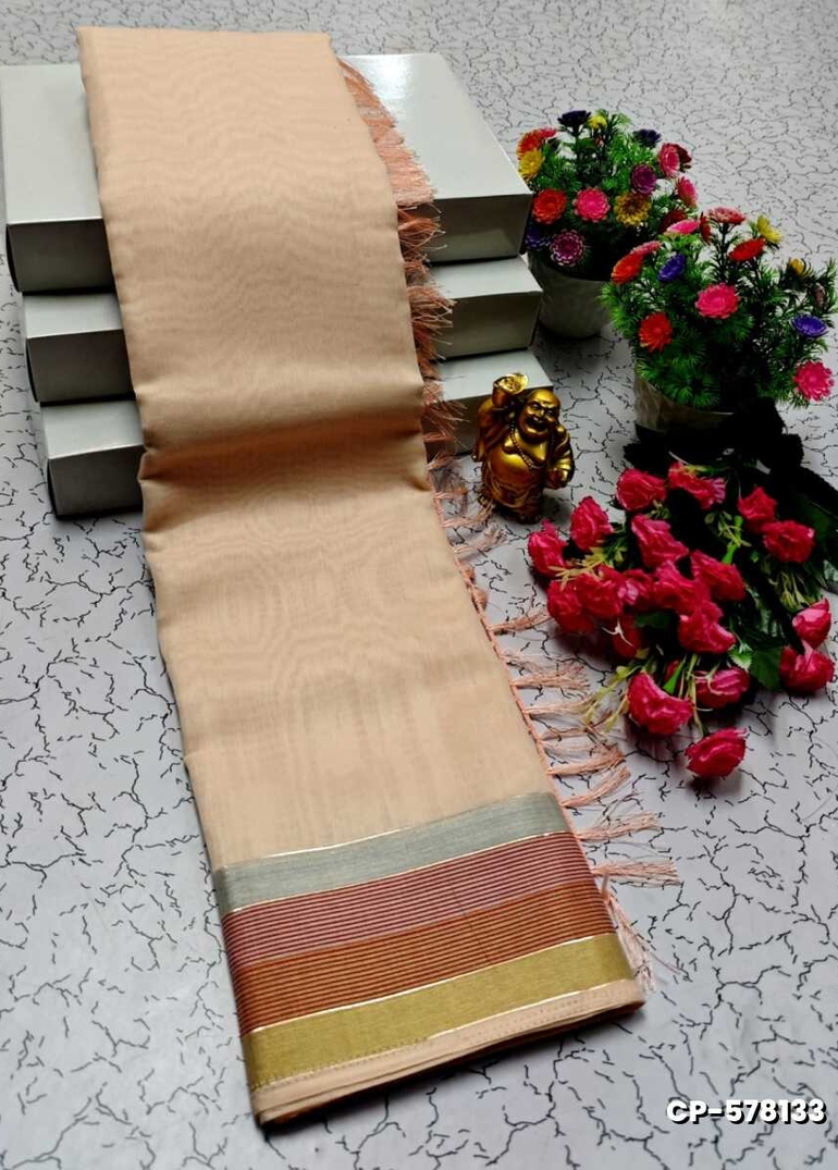 FANCY PLAIN COTTON SOFT SILK SAREES - CREAM (1)